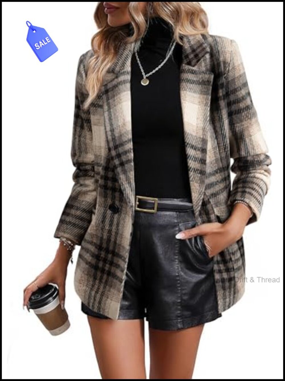 Plaid Blazer Double Breasted Open Front Work Suit with Pockets